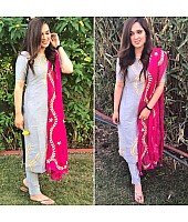 Grey cotton salwar suit with pink dupatta