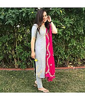 Grey cotton salwar suit with pink dupatta