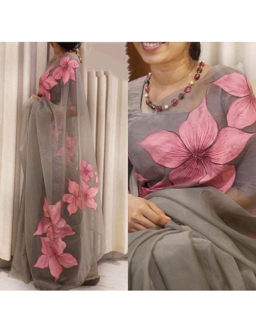 Grey floral printed organza saree
