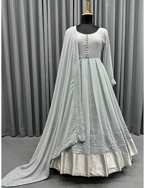 Grey georgette thread embroidered party wear anarkali suit