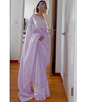 Light purple organza silk heavy thread embroidery work saree for ceremony