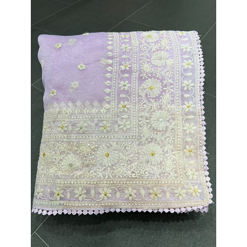 Light purple organza silk heavy thread embroidery work saree for ceremony
