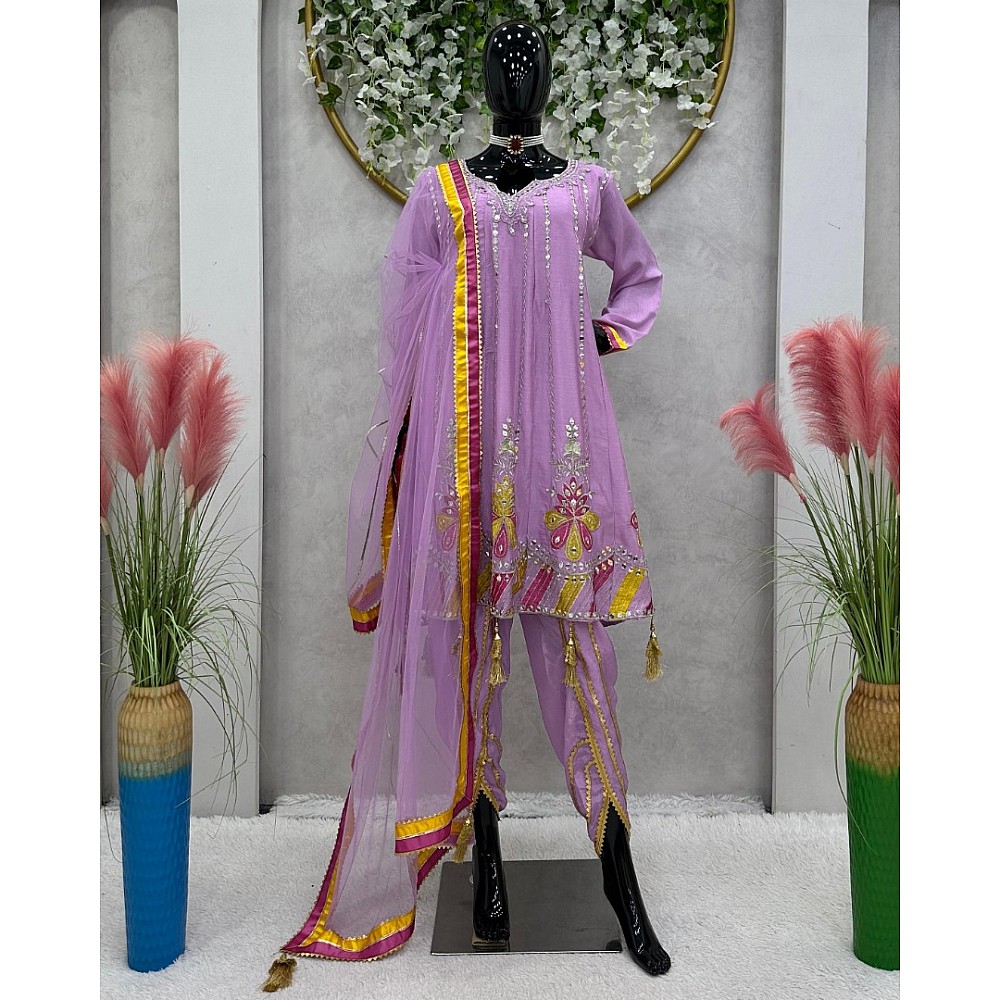 Lovender chinon silk heavy work dhoti suit