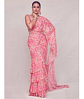 Magento pink georgette printed stylist designer ruffle saree