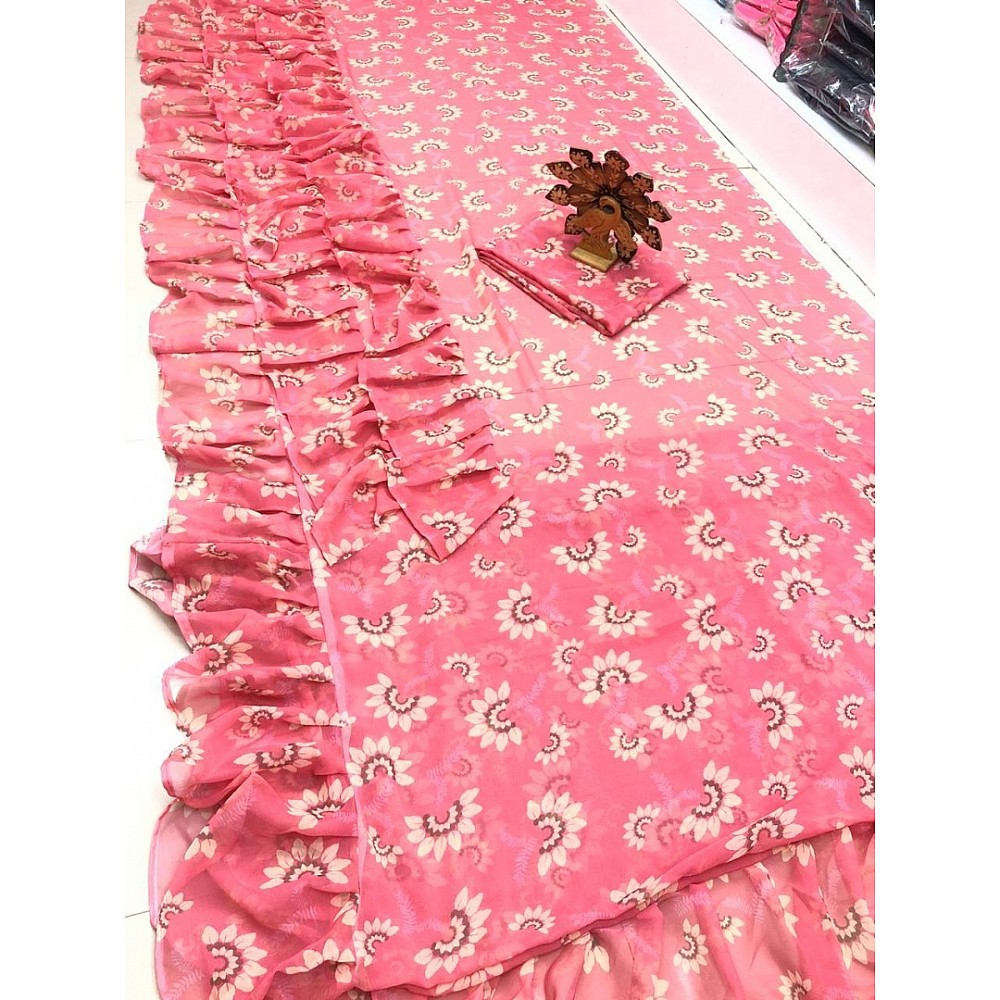 Magento pink georgette printed stylist designer ruffle saree