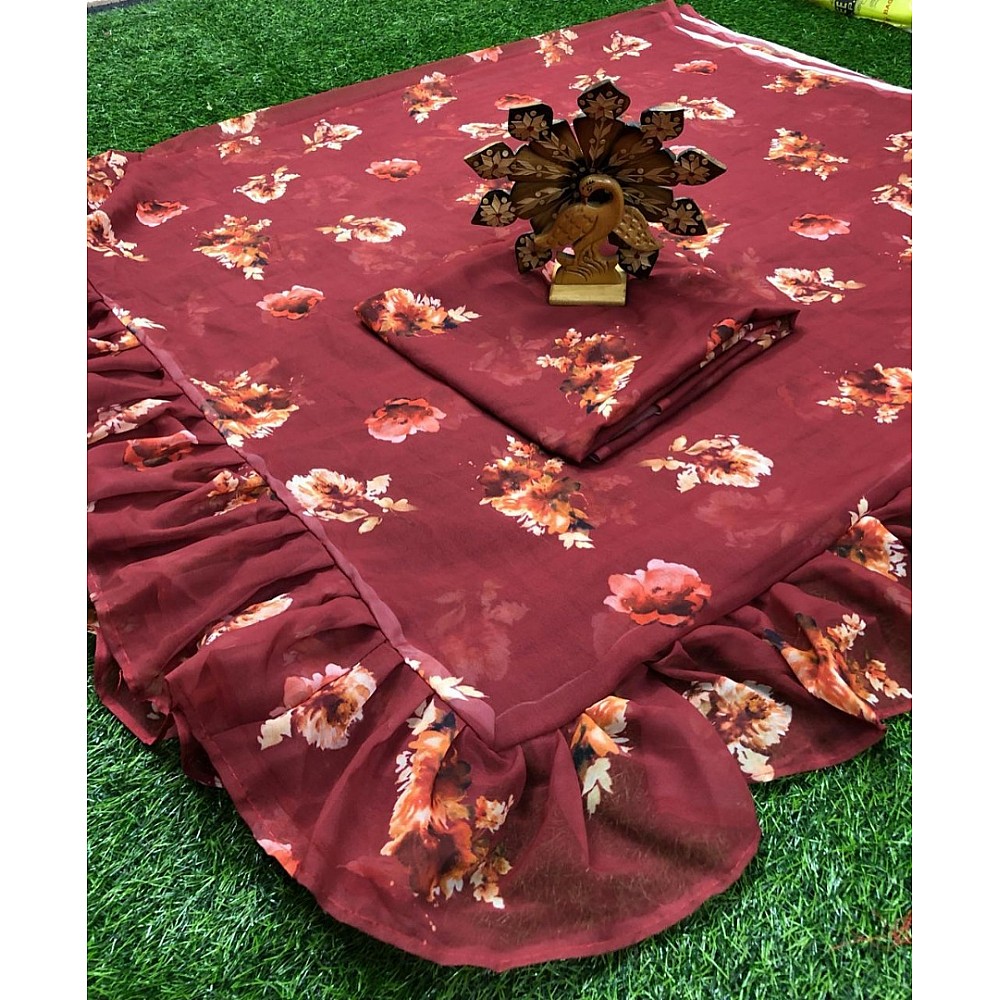 Maroon georgette floral printed partywear saree