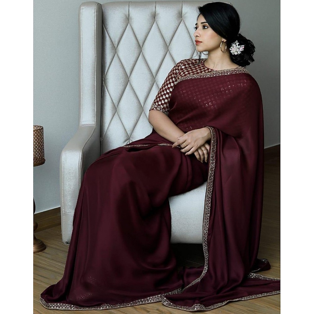 Maroon satin georgette sequence work lace border saree
