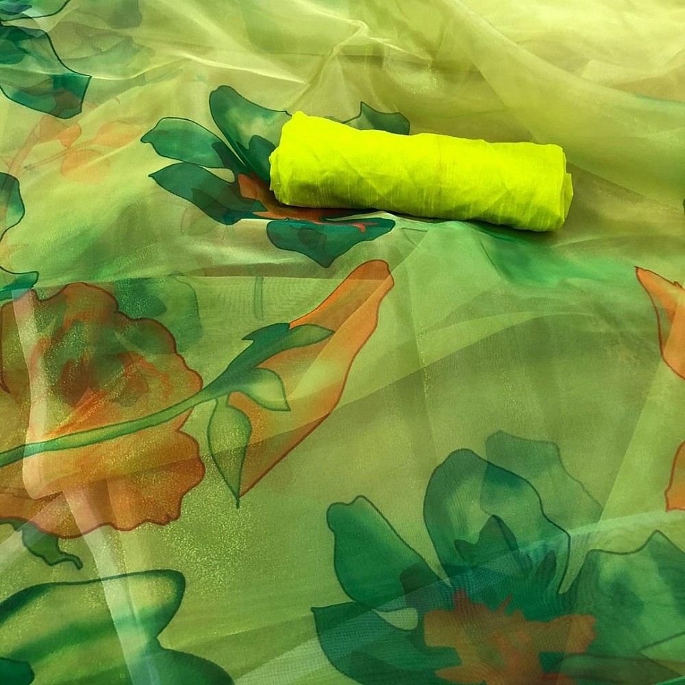 Multi shaded green printed organza saree