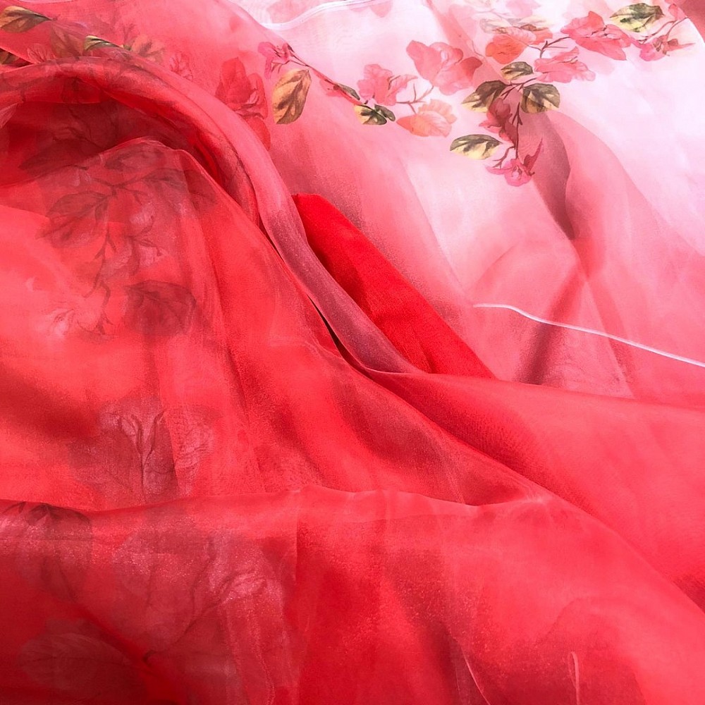 Multi shaded Red flower printed organza saree