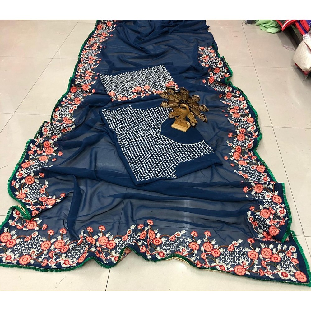 Navy blue heavy designer embroidered wedding saree