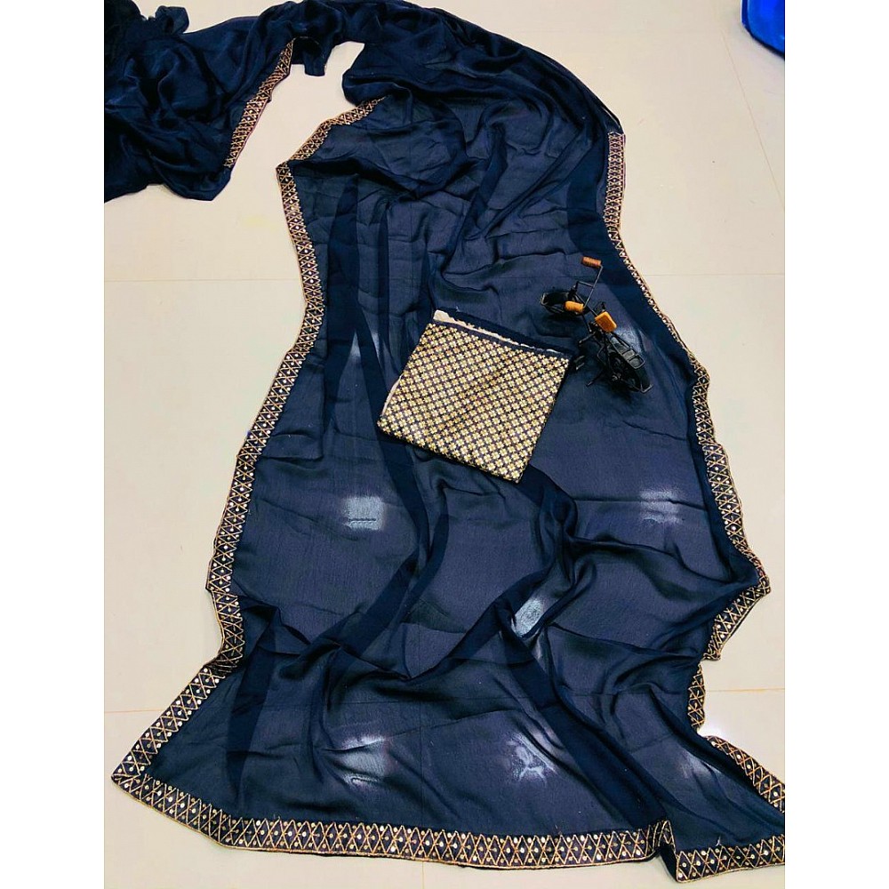 Navy blue satin georgette sequence work lace border saree