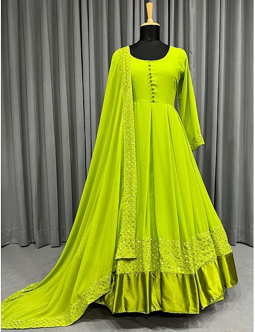 Neon green georgette thread embroidered party wear anarkali suit