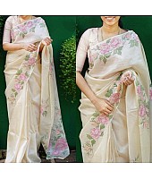 Off white floral printed organza saree