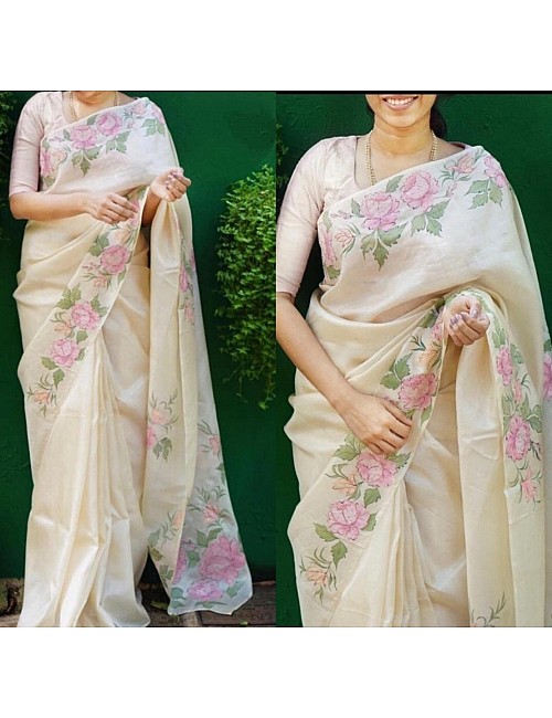 Off white floral printed organza saree