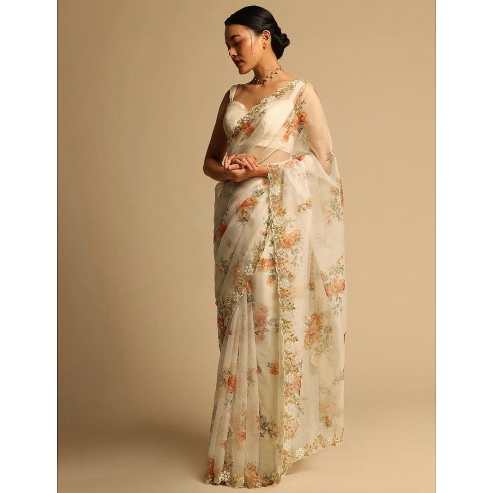 Off white organza handworked and digital printed ceremonial saree