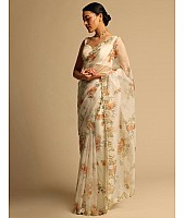 Off white organza handworked and digital printed ceremonial saree
