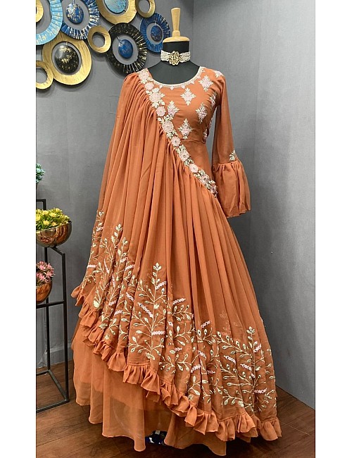 Orange georgette embroidered indowestern gown