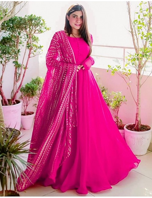 Pink georgette plain long anarkali suit with heavy sequence work dupatta