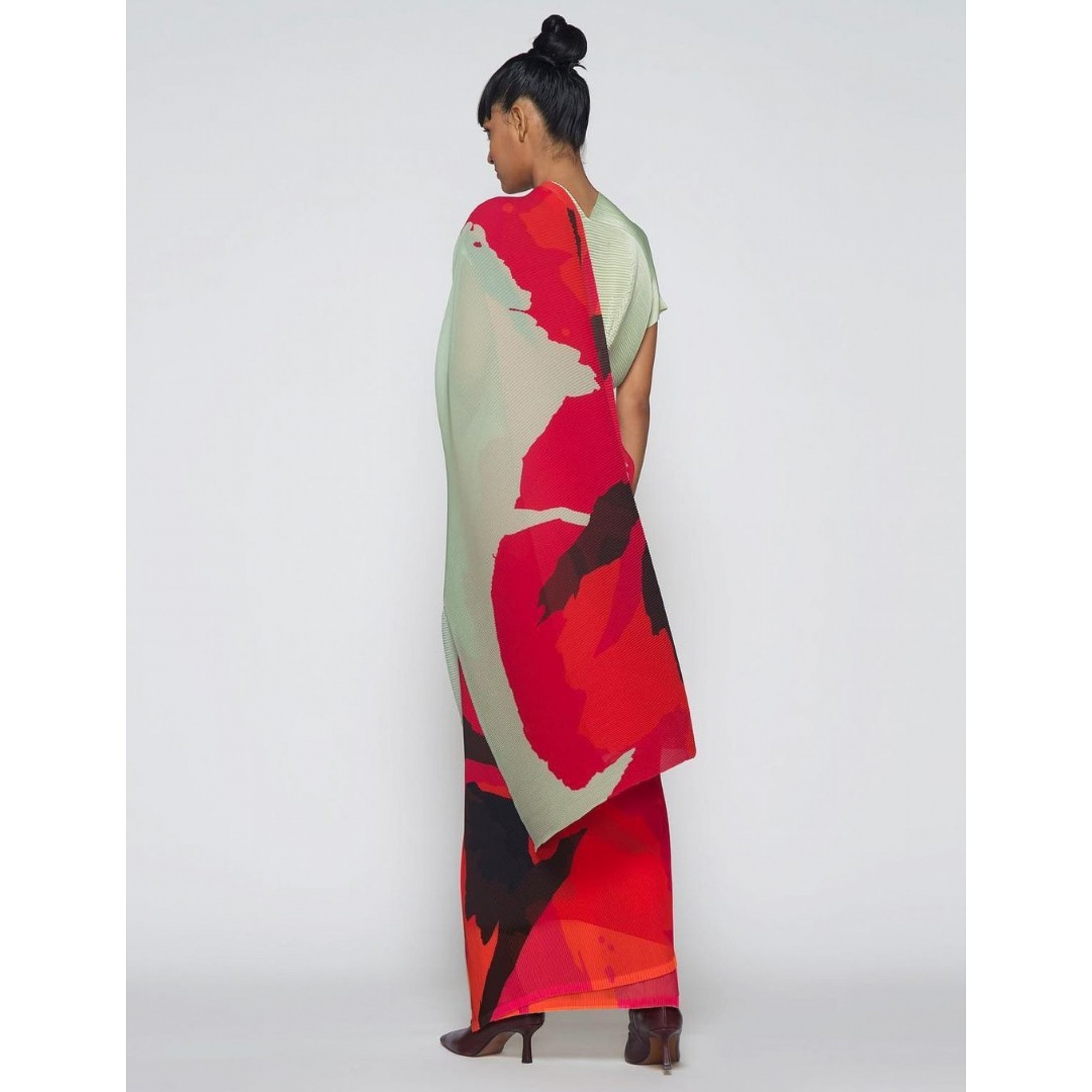 Pista green and red georgette printed pleated saree - Fa ...
