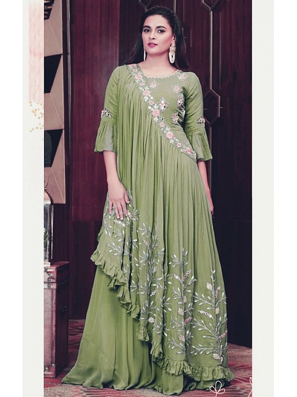 Georgette Embroidery Gown In Pista Green Colour With Belt