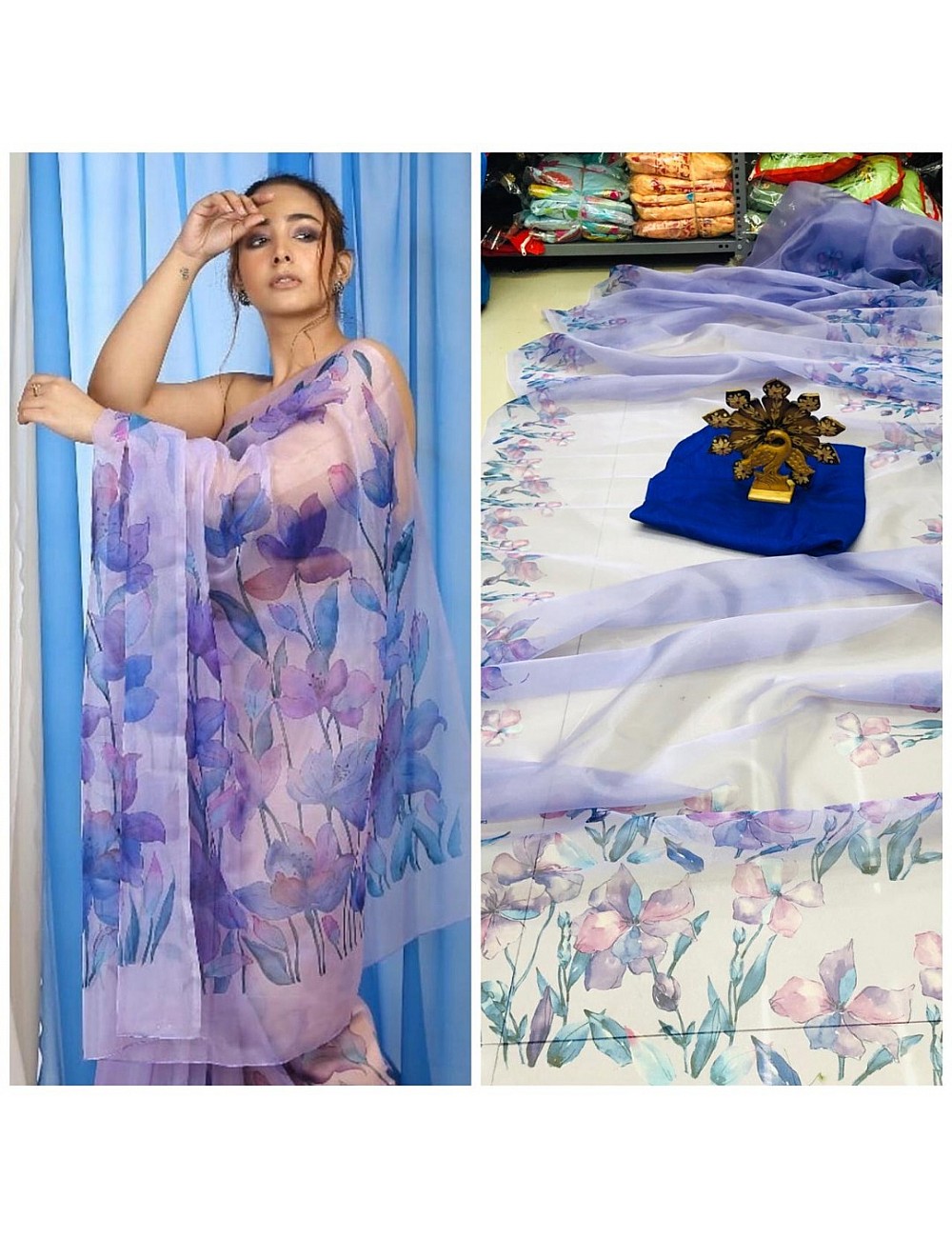 Light purple floral printed organza saree - Fashiondeal.in