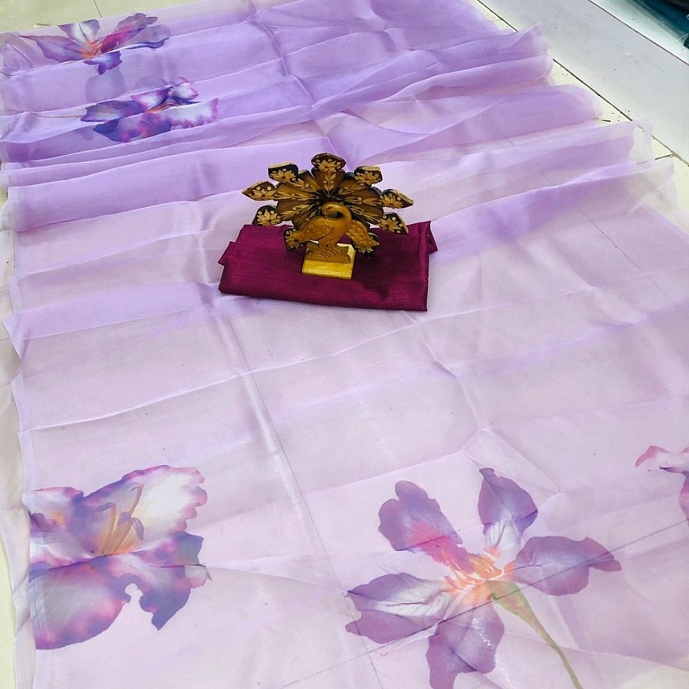 Purple flower printed organza saree