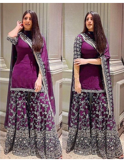 Purple georgette heavy embroidered plazzo suit