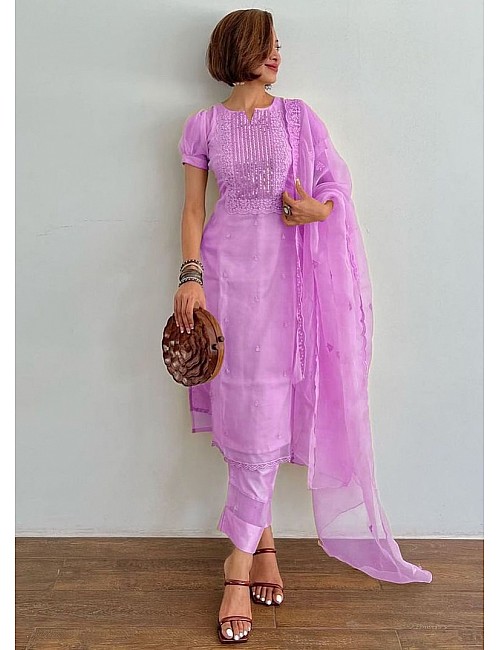 Purple organza thread and sequence embroidered salwar suit