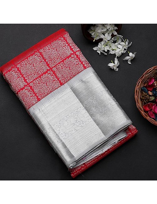 Red and grey banarasi silk jacquard designer saree