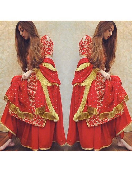 Red embroidery work plazzo salwar suit for wedding