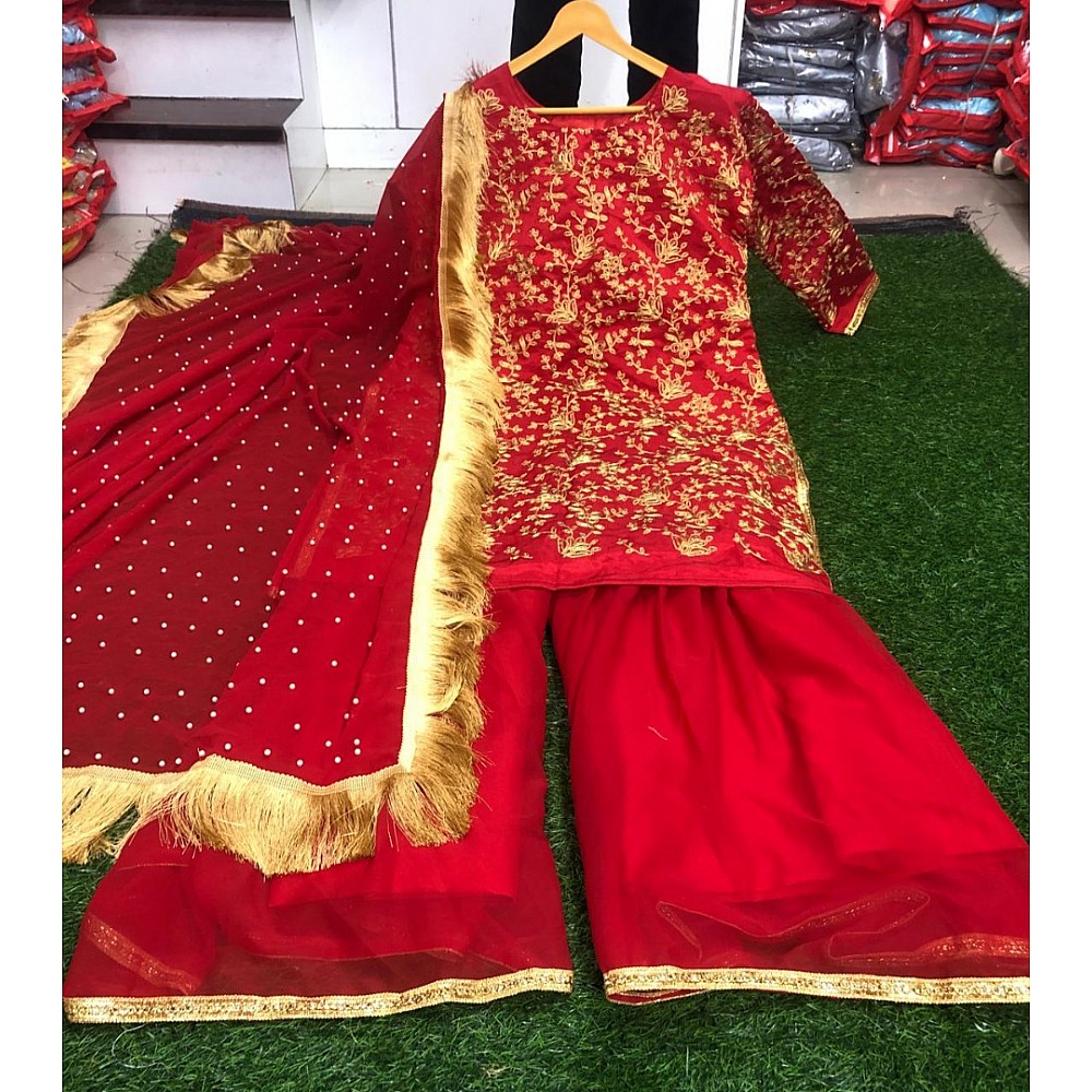 Red embroidery work plazzo salwar suit for wedding