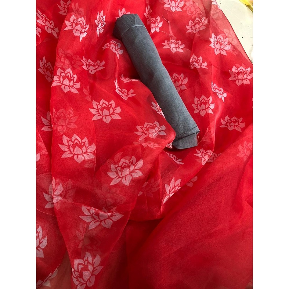 Red flower printed organza saree