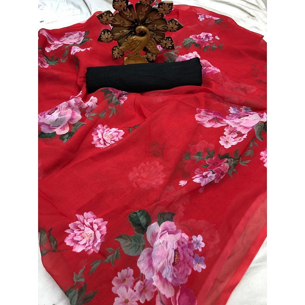 Red georgette digital floral printed partywear saree