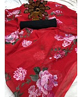 Red georgette digital floral printed partywear saree