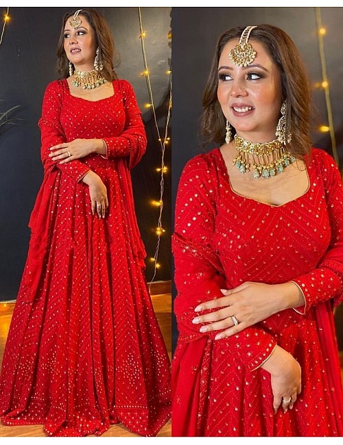 Red georgette embroidered sequence work gown