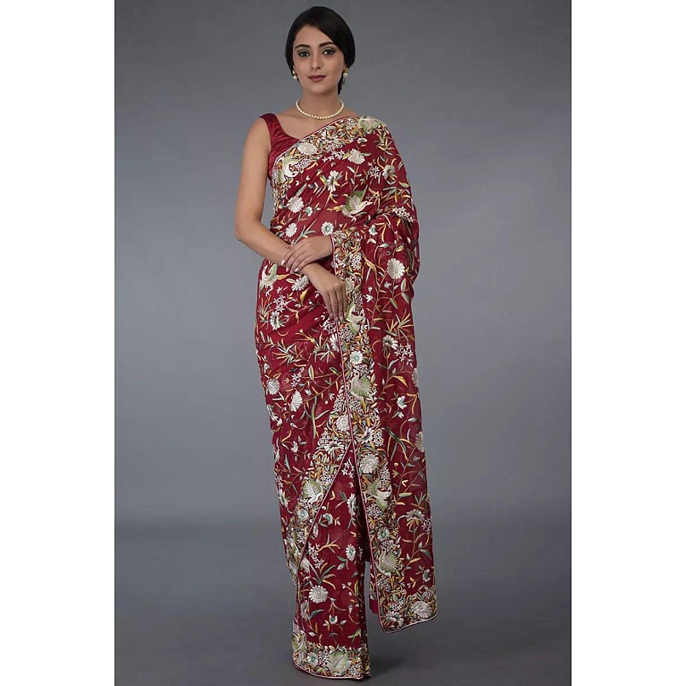 Red georgette heavy thread embroidered wedding saree