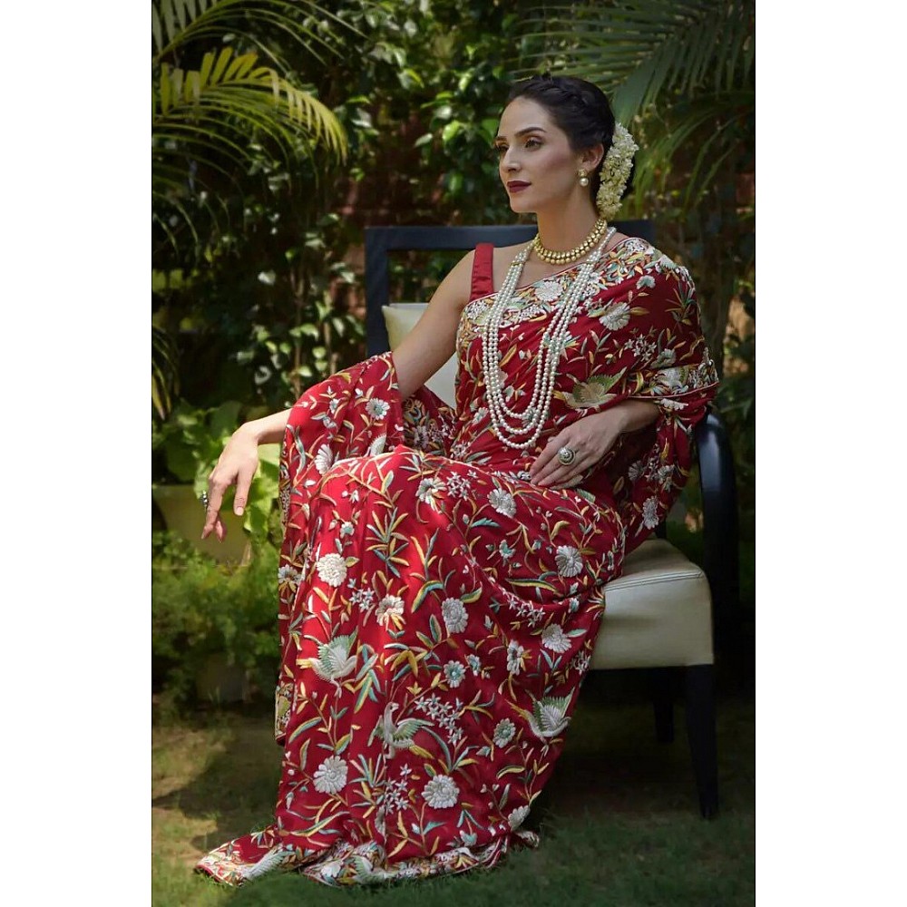 Red georgette heavy thread embroidered wedding saree