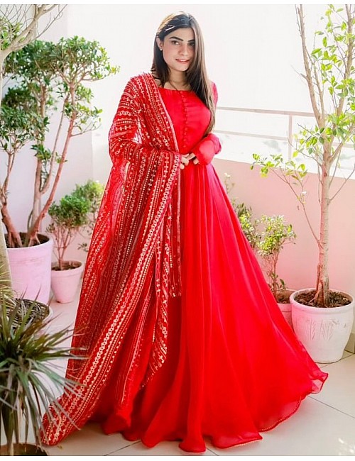 Red georgette plain long anarkali suit with heavy sequence work dupatta