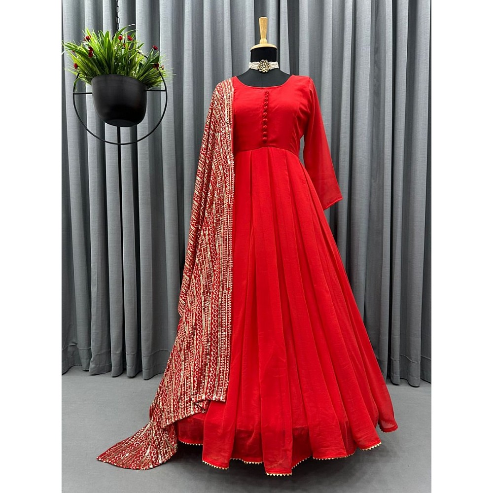 Red georgette plain long anarkali suit with heavy sequence work dupatta