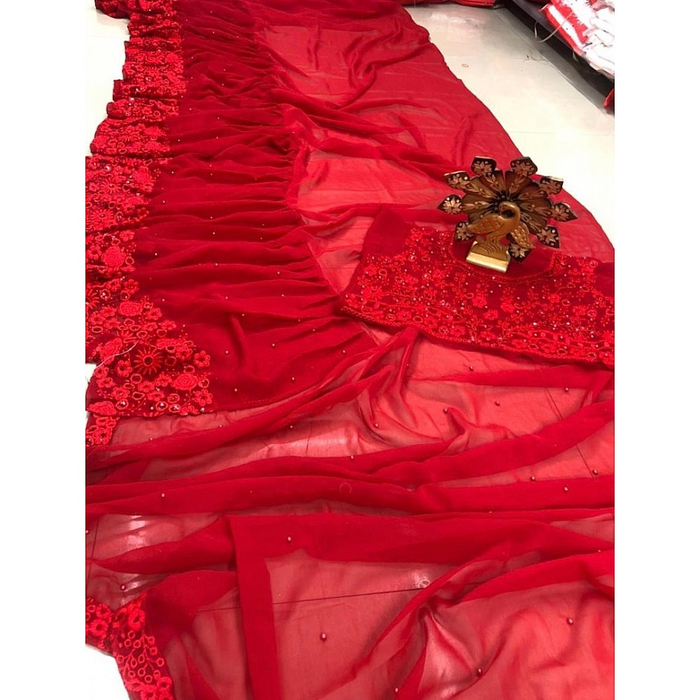 Red georgette sequence and moti work ruffle saree