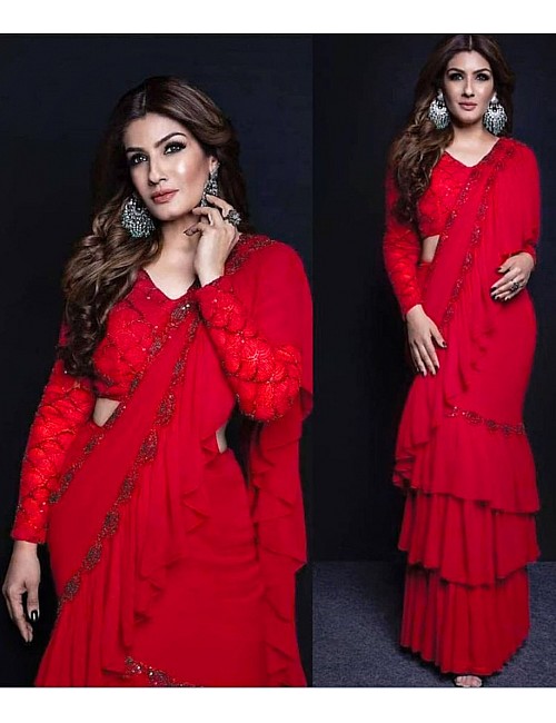 Red georgette stylist partywear ruffle saree with sequence work blouse