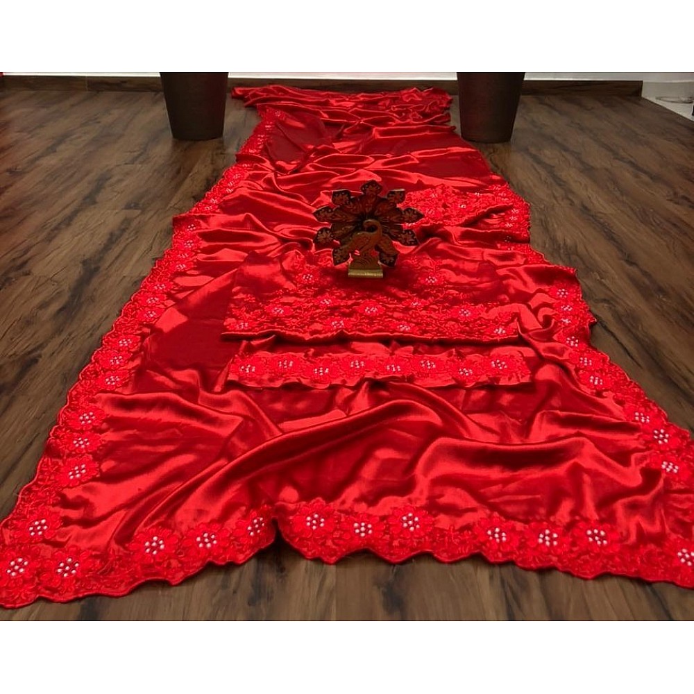 Red heavy satin silk embroidered partywear saree