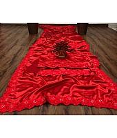 Red heavy satin silk embroidered partywear saree