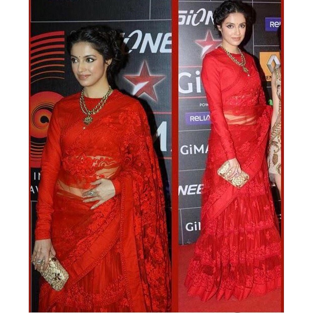 Red mono net heavy embroidered partywear saree