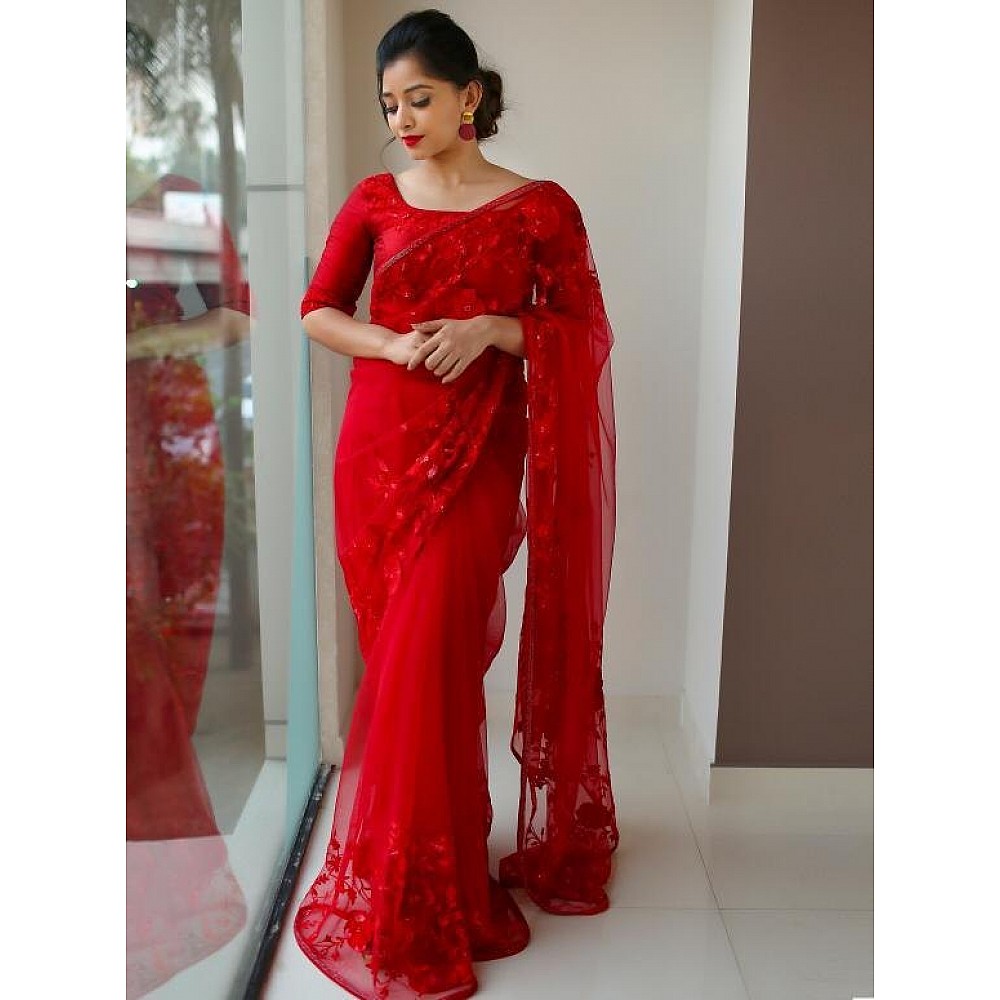 Red net chainstitch embroidered partywear saree