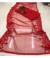 Red net chainstitch embroidered partywear saree