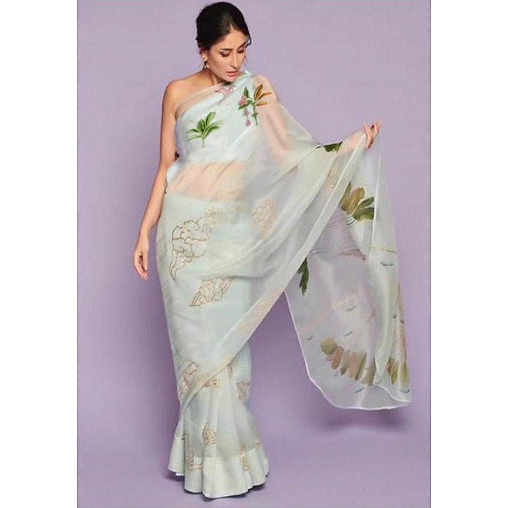 Sea green organza silk digital printed designer saree