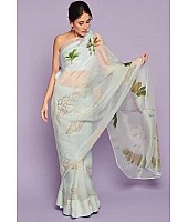 Sea green organza silk digital printed designer saree