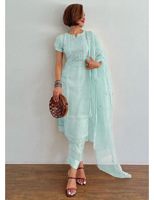 Sea green organza thread and sequence embroidered salwar suit