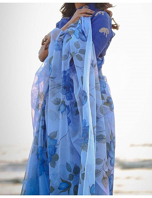 Sky blue floral printed organza saree